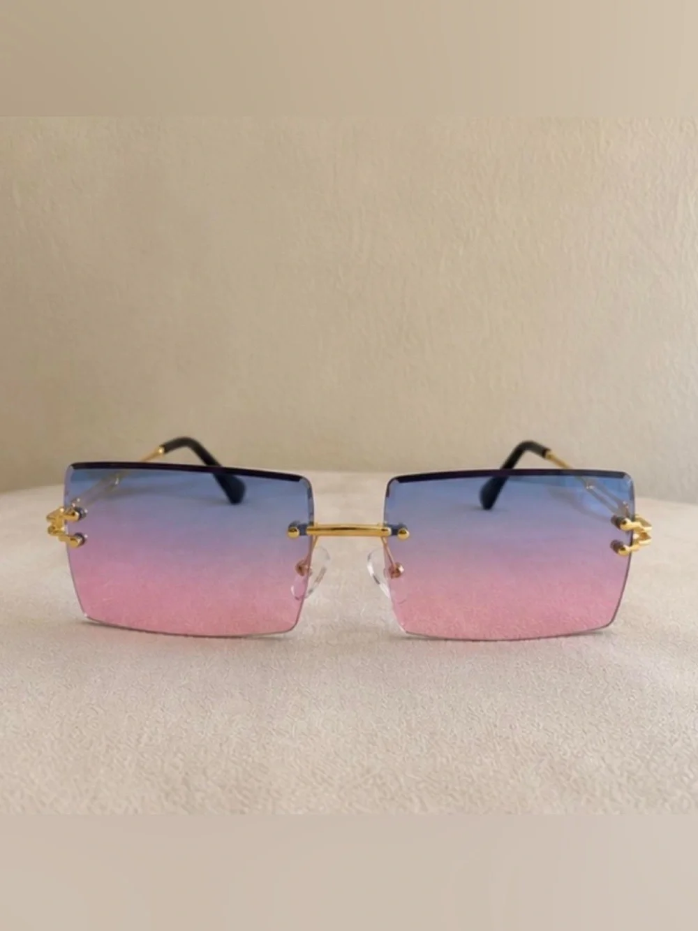 Blue Pink Gradient Rimless Square Sunglasses Gold Frame Women